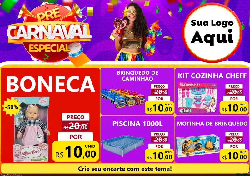 Modelo de Encarte para Encarte A4 Horizontal com o tema Pré-Carnaval Especial para Brinquedos