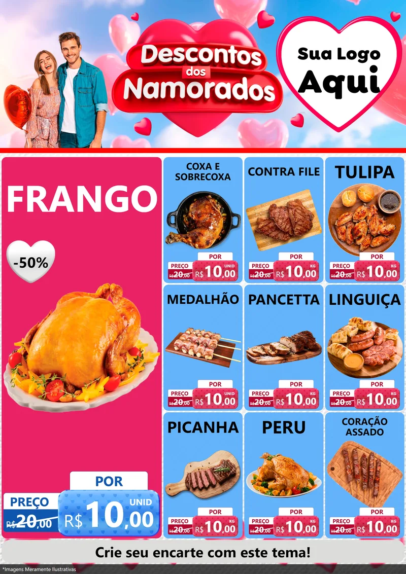 Modelo de Encarte para Encarte A4 Vertical com o tema Descontos dos Namorados para Assados