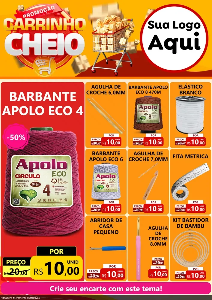 Modelo de Encarte para Encarte A4 Vertical com o tema Promoção carrinho cheio para Armarinho e Aviamentos