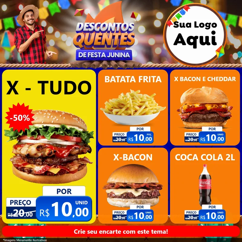 Modelo de Rede Social para Feed Facebook com o tema Descontos Quentes de Festa Junina para Hamburgueria