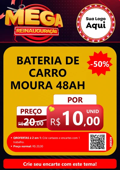 Modelo de Cartaz para Cartaz A4 Vertical com o tema Mega Reinauguração para Baterias Elétricas
