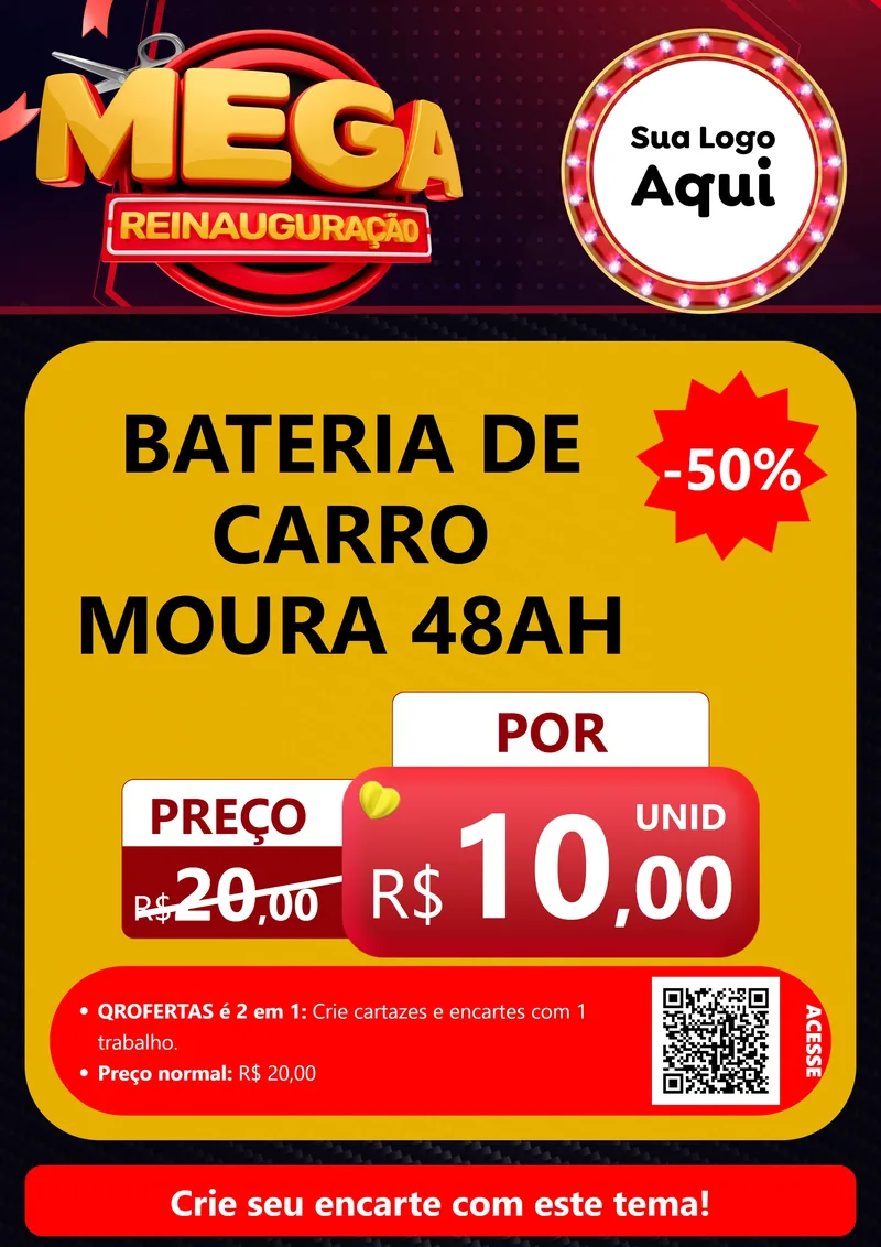 Modelo de Cartaz para Cartaz A4 Vertical com o tema Mega Reinauguração para Baterias Elétricas