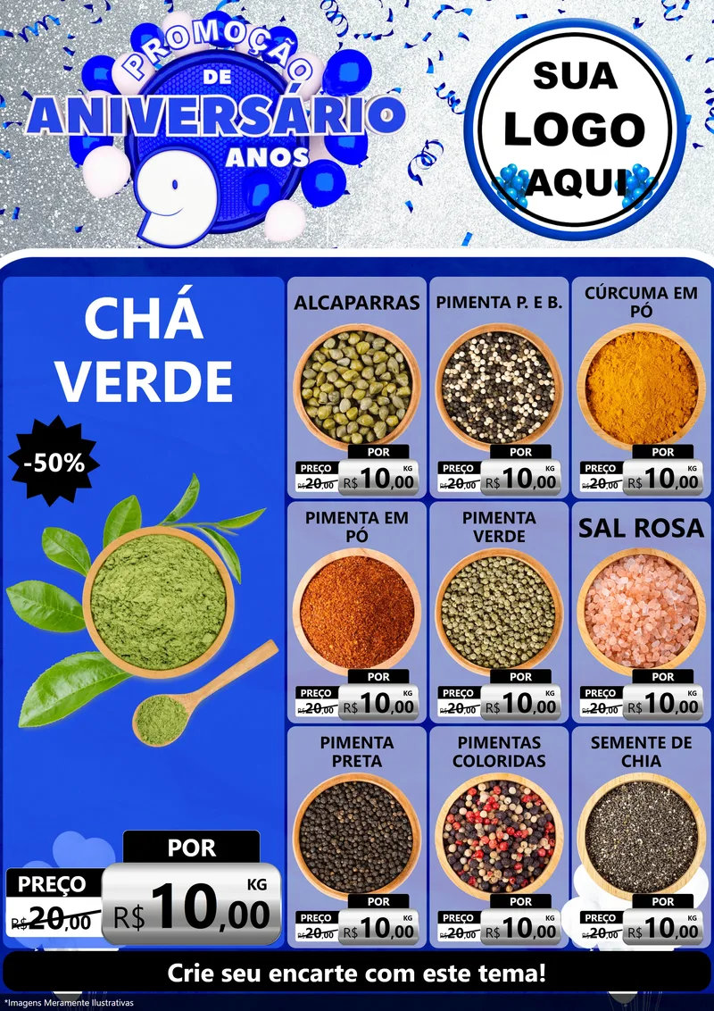 Modelo de Encarte para Encarte A4 Vertical com o tema Promoção de Aniversário - 9 Anos para Produtos Naturais