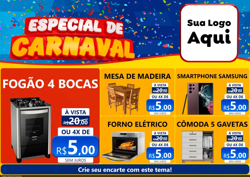 Modelo de Encarte para Encarte A4 Horizontal com o tema Especial de Carnaval para Móveis e Eletro