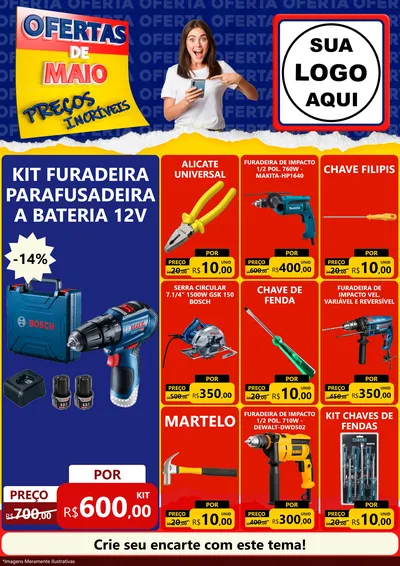 Modelo de Encarte para Encarte A4 Vertical com o tema Ofertas de Maio - Preços Incríveis para Maquinas e Ferramentas