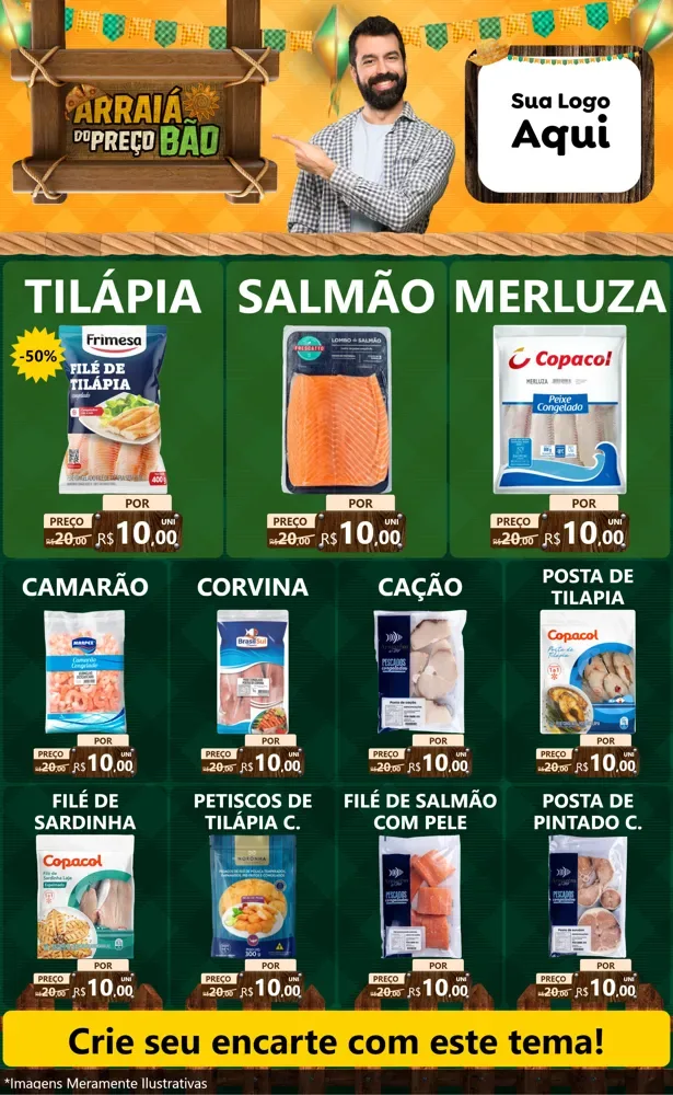 Modelo de Encarte para Encarte Grande com o tema Arraiá do preço bão para Peixaria