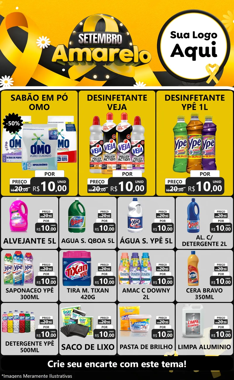 Modelo de Encarte para Encarte Grande com o tema Setembro Amarelo para Produtos de Limpeza