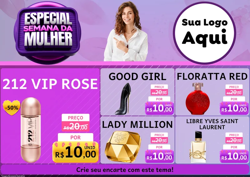 Modelo de Encarte para Encarte A4 Horizontal com o tema Especial Semana da Mulher para Perfumes