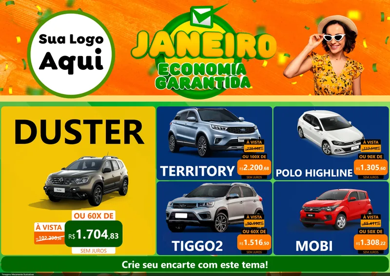 Modelo de Encarte para Encarte A4 Horizontal com o tema Janeiro - Economia Garantida para Concessionaria de Carros