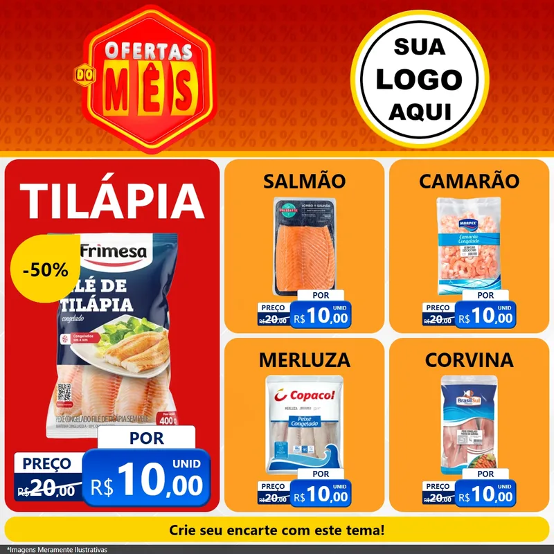 Modelo de Rede Social para Feed Facebook com o tema Ofertas do Mês para Peixaria