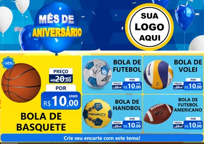 Modelo de Encarte para Encarte A4 Horizontal com o tema Mês de Aniversário para Artigos Esportivos