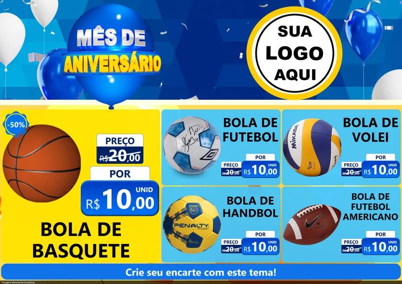 Modelo de Encarte para Encarte A4 Horizontal com o tema Mês de Aniversário para Artigos Esportivos