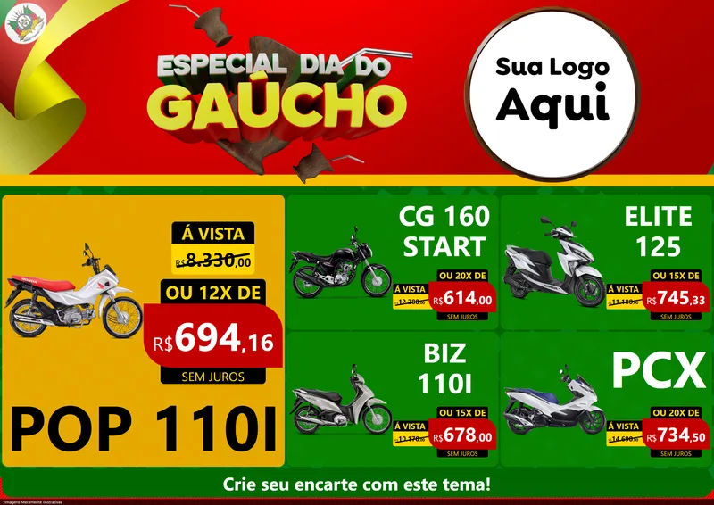 Modelo de Encarte para Encarte A4 Horizontal com o tema Especial Dia do Gaúcho para Concessionaria de Motos