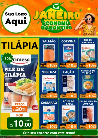 Modelo de Encarte para Encarte A4 Vertical com o tema Janeiro - Economia Garantida para Peixaria