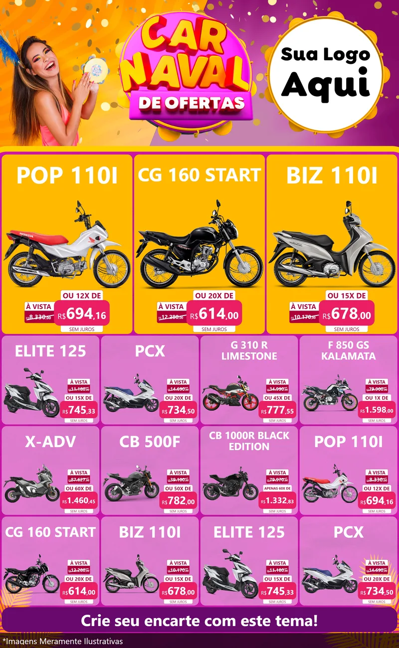 Modelo de Encarte para Encarte Grande com o tema Carnaval de Ofertas para Concessionaria de Motos