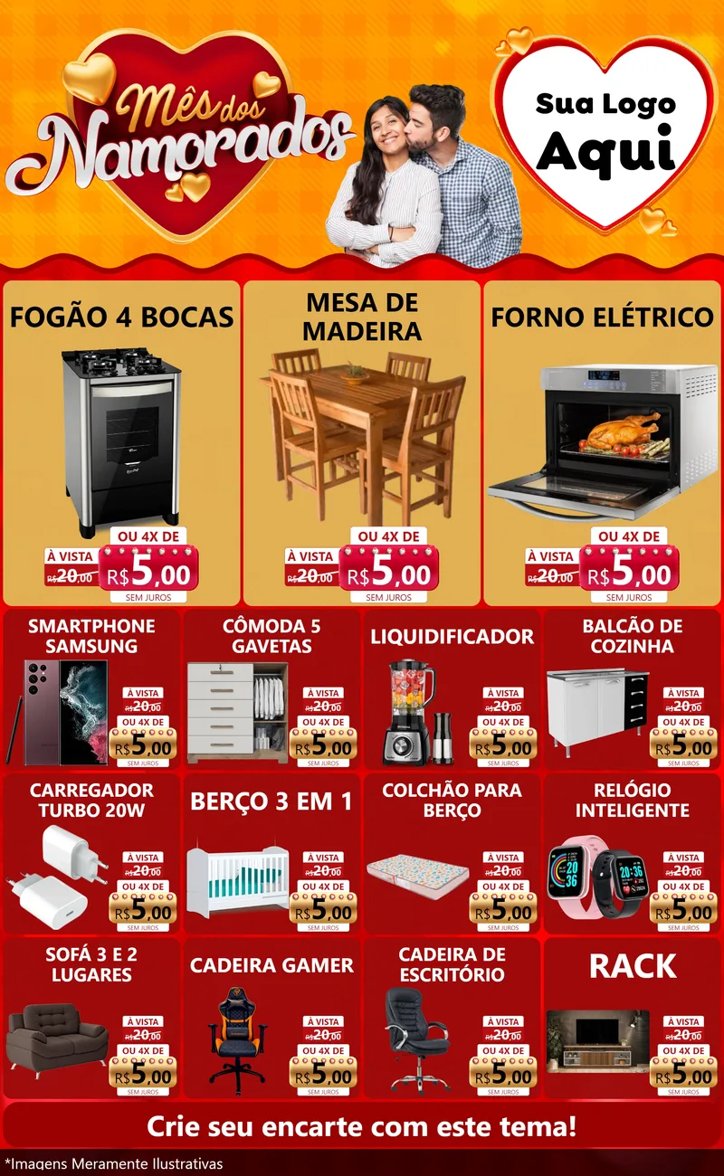 Modelo de Encarte para Encarte Grande com o tema Mês dos Namorados para Móveis e Eletro