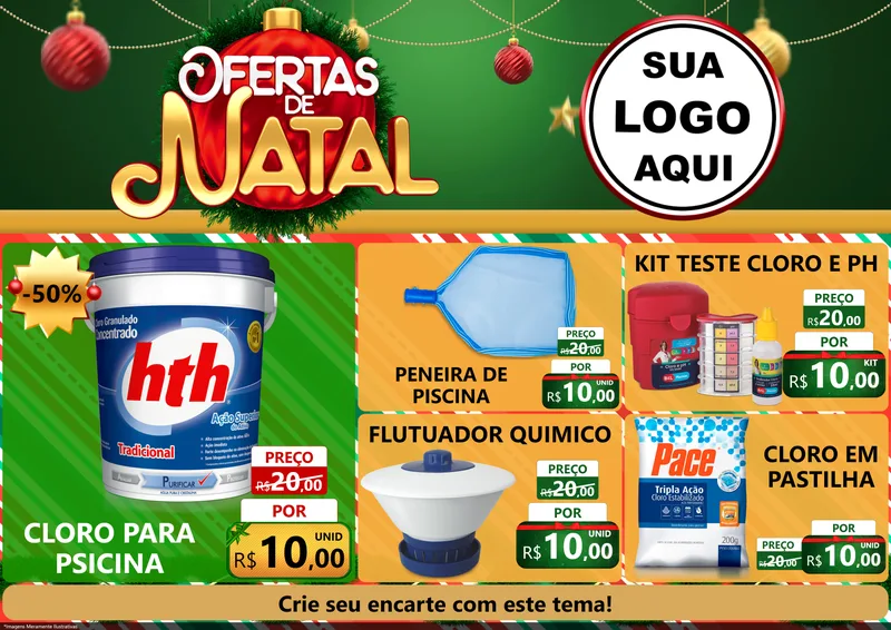 Modelo de Encarte para Encarte A4 Horizontal com o tema Ofertas de Natal para Produtos para Piscina