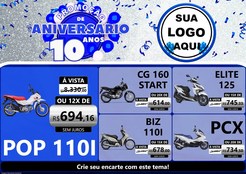 Modelo de Encarte para Encarte A4 Horizontal com o tema Promoção de Aniversário - 10 Anos para Concessionaria de Motos