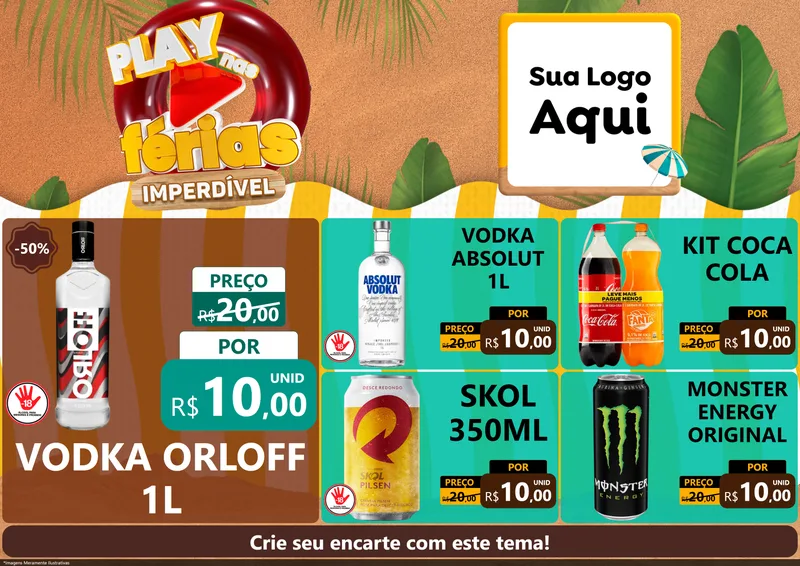 Modelo de Encarte para Encarte A4 Horizontal com o tema Play Nas Férias Imperdível para Distribuidora de bebidas