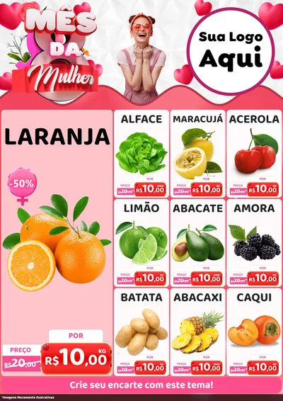 Modelo de Encarte para Encarte A4 Vertical com o tema Mês da Mulher para Hortifrúti
