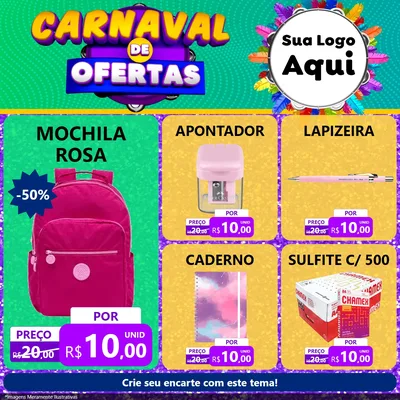 Modelo de Rede Social para Feed Facebook com o tema Carnaval de Ofertas para Papelaria