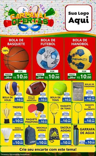 Modelo de Encarte para Encarte Grande com o tema Carnaval de Ofertas para Artigos Esportivos