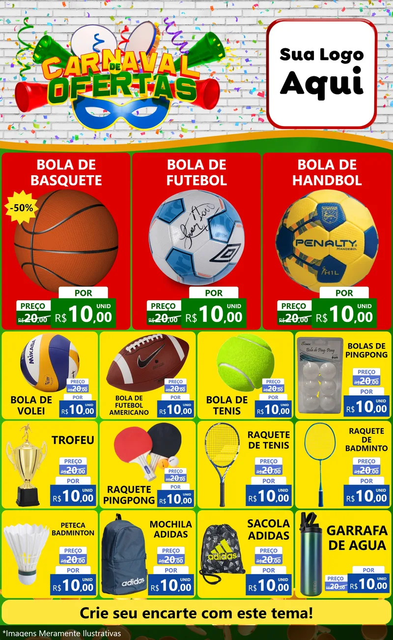 Modelo de Encarte para Encarte Grande com o tema Carnaval de Ofertas para Artigos Esportivos