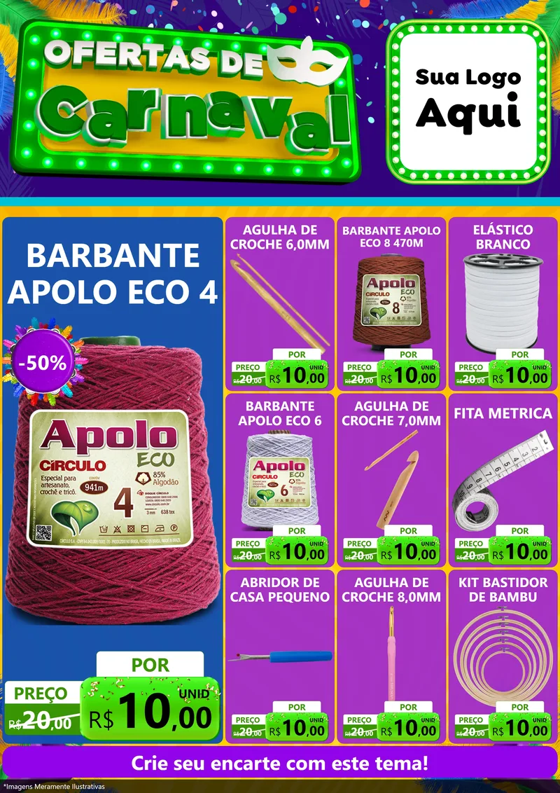 Modelo de Encarte para Encarte A4 Vertical com o tema Ofertas de Carnaval para Armarinho e Aviamentos
