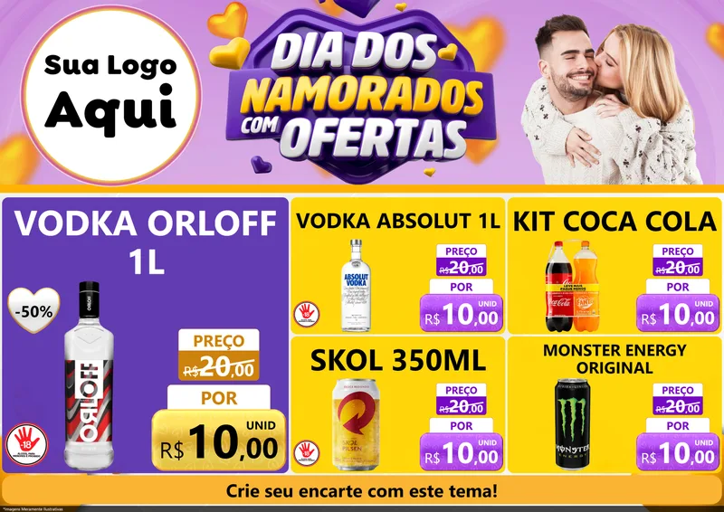 Modelo de Encarte para Encarte A4 Horizontal com o tema Dia Dos Namorados Com Ofertas para Distribuidora de bebidas