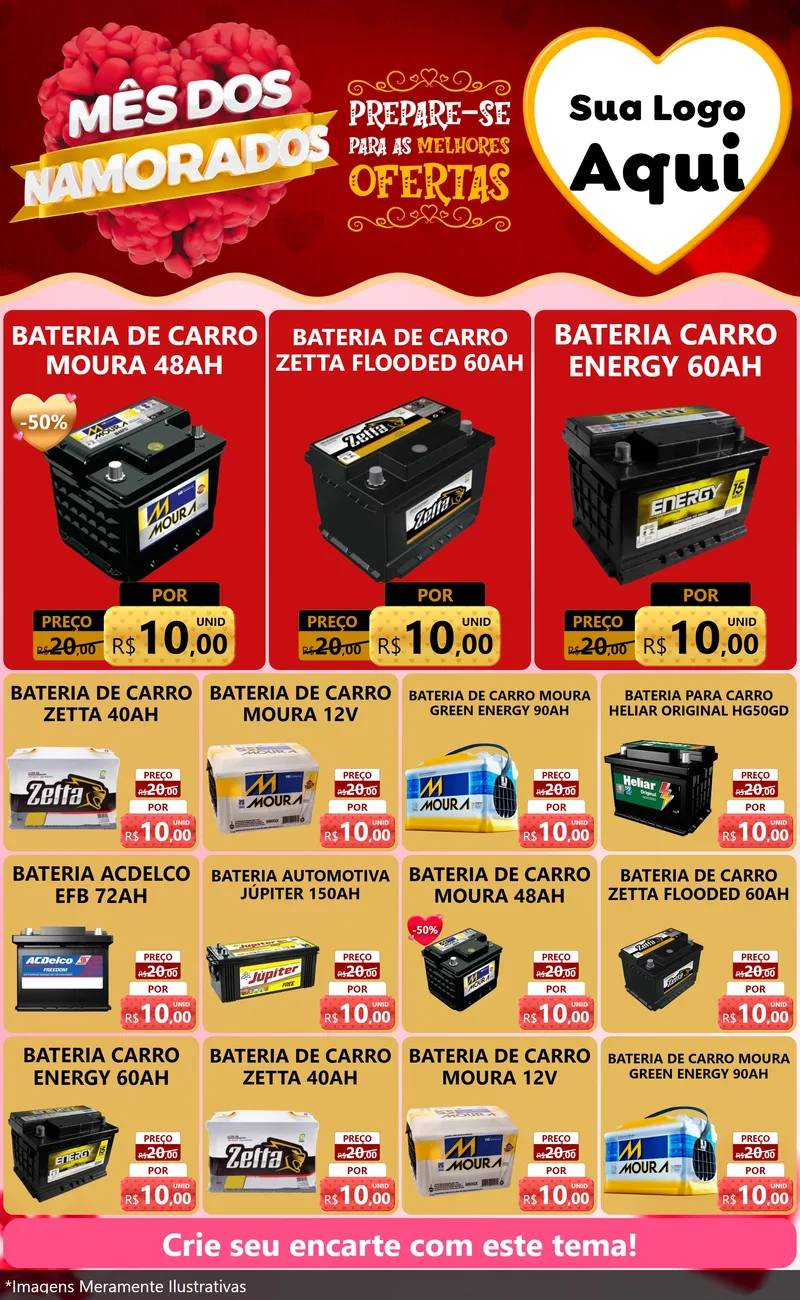 Modelo de Encarte para Encarte Grande com o tema Mês dos Namorados para Baterias Elétricas