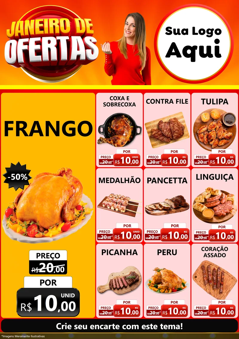 Modelo de Encarte para Encarte A4 Vertical com o tema Janeiro de Ofertas para Assados