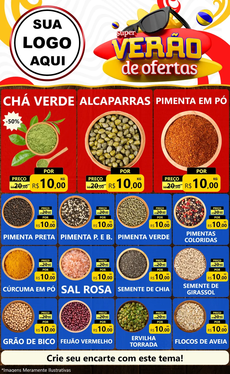 Modelo de Encarte para Encarte Grande com o tema Super Verão de Ofertas para Produtos Naturais