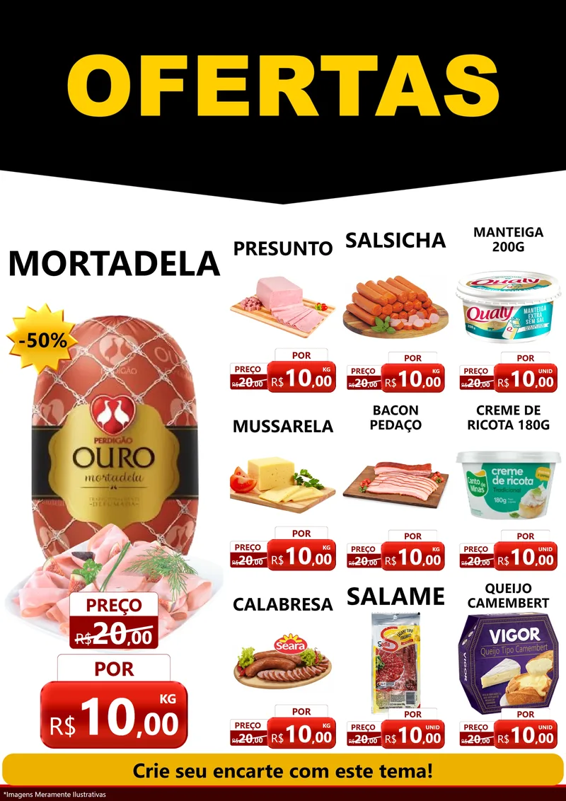 Modelo de Encarte para Encarte A4 Vertical com o tema Ofertas Preto e Vermelho Cartaz para Frios e Laticínios