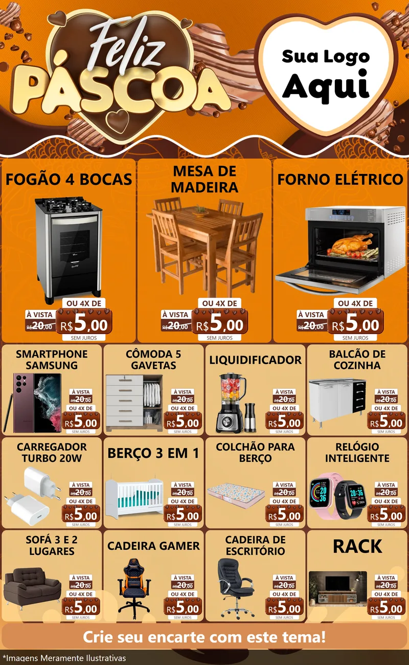 Modelo de Encarte para Encarte Grande com o tema Feliz Páscoa para Móveis e Eletro