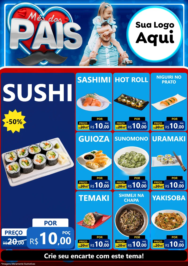 Modelo de Encarte para Encarte A4 Vertical com o tema Mês Dos Pais para Comida japonesa