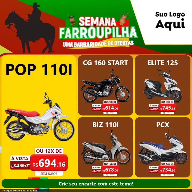 Modelo de Rede Social para Feed Facebook com o tema Semana Farroupilha - Uma Barbaridade de Ofertas para Concessionaria de Motos