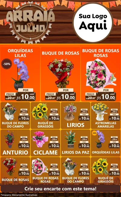 Modelo de Encarte para Encarte Grande com o tema Arraiá de Julho - Junina para Floricultura e jardim