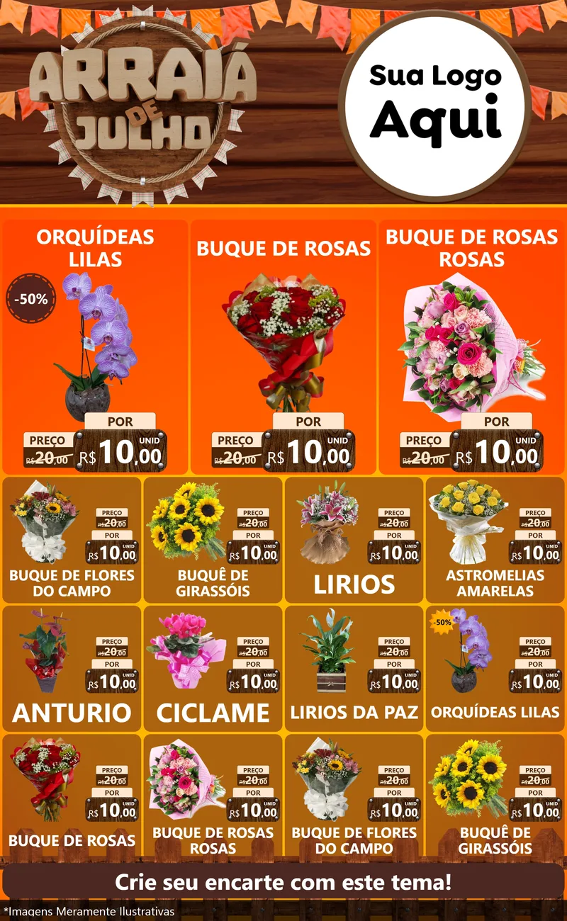 Modelo de Encarte para Encarte Grande com o tema Arraiá de Julho - Junina para Floricultura e jardim