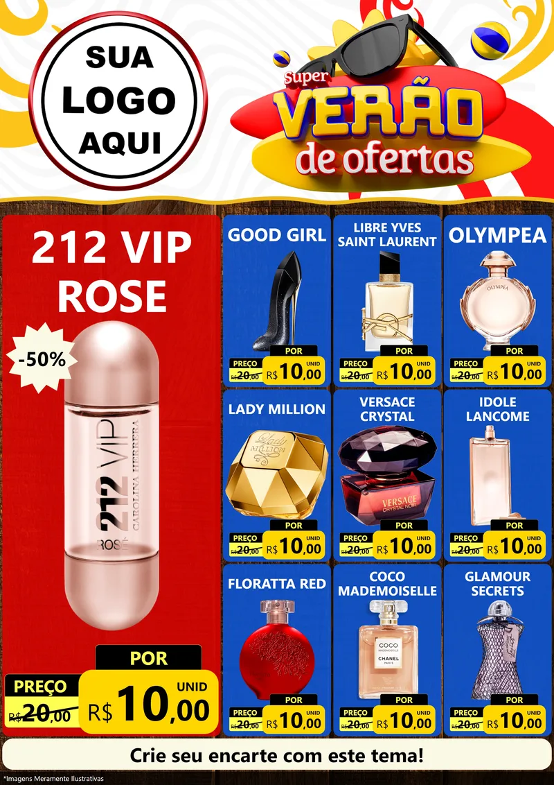 Modelo de Encarte para Encarte A4 Vertical com o tema Super Verão de Ofertas para Perfumes