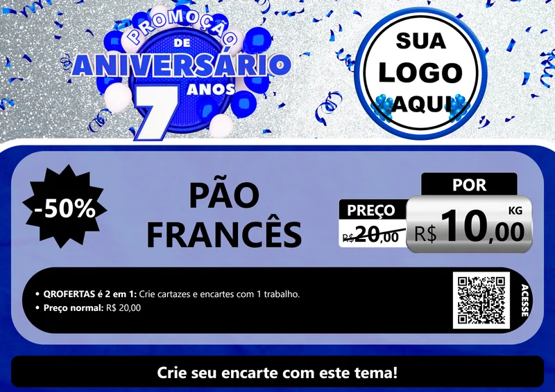 Modelo de Cartaz para Cartaz A4 Horizontal com o tema Promoção de Aniversário - 7 Anos para Padaria