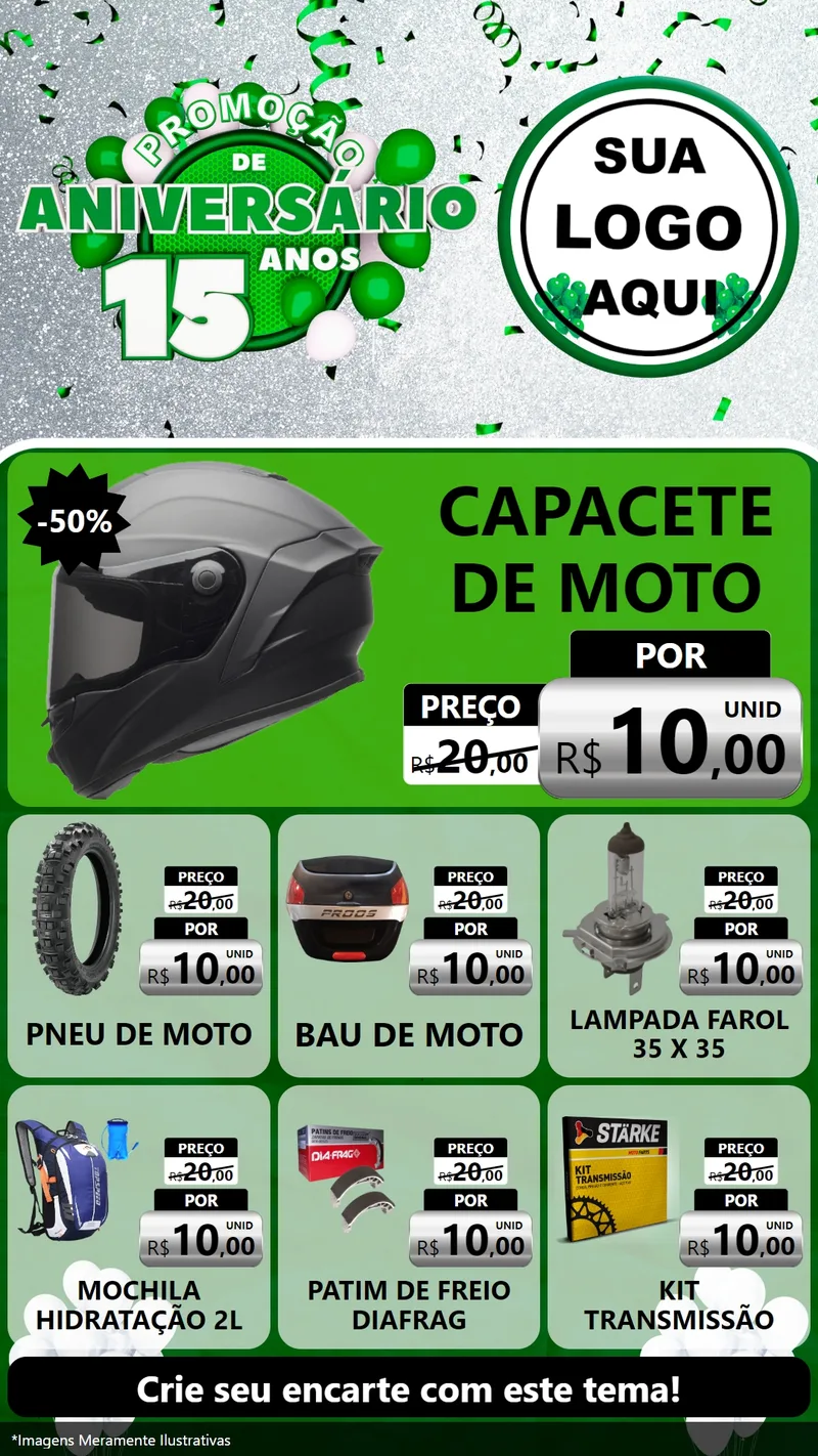 Modelo de Rede Social para Stories com o tema Promoção de Aniversário - 15 Anos para Moto peças