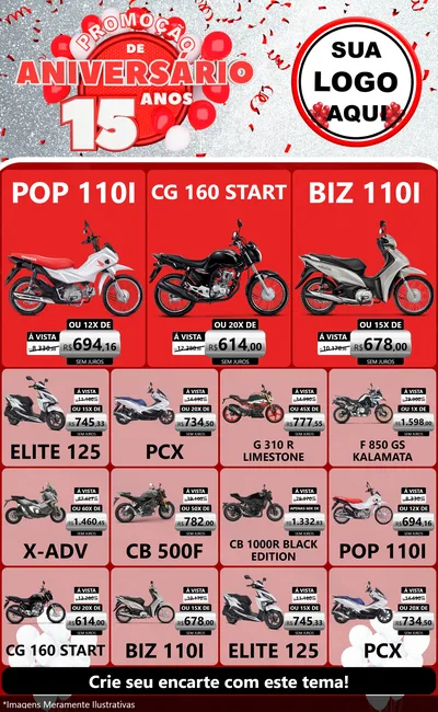 Modelo de Encarte para Encarte Grande com o tema Promoção de Aniversário - 15 Anos para Concessionaria de Motos