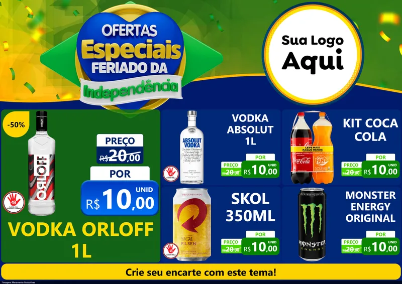 Modelo de Encarte para Encarte A4 Horizontal com o tema Ofertas Especiais Feriado da Independência para Distribuidora de bebidas