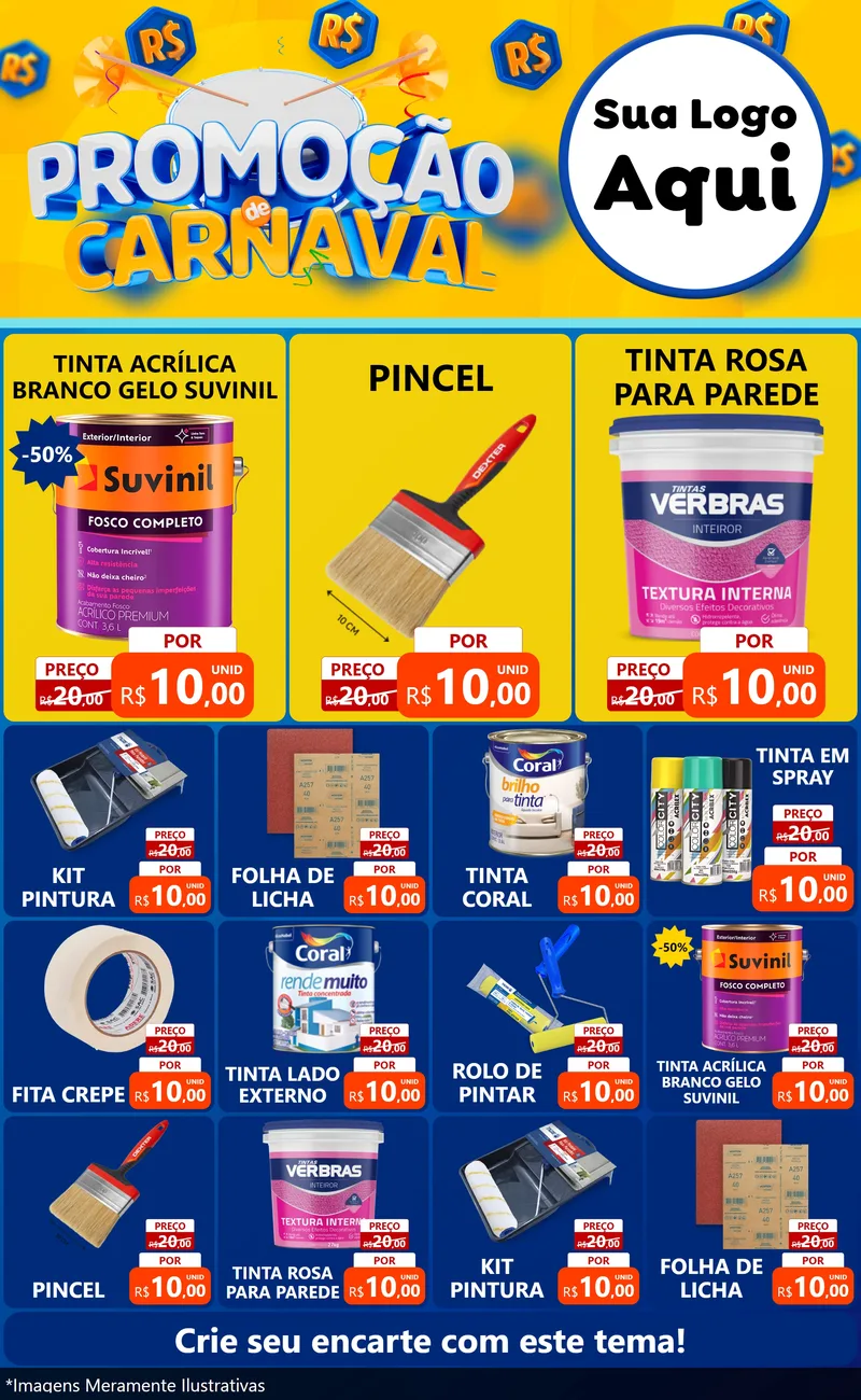 Modelo de Encarte para Encarte Grande com o tema Promoção de Carnaval para Tintas e Ferramentas