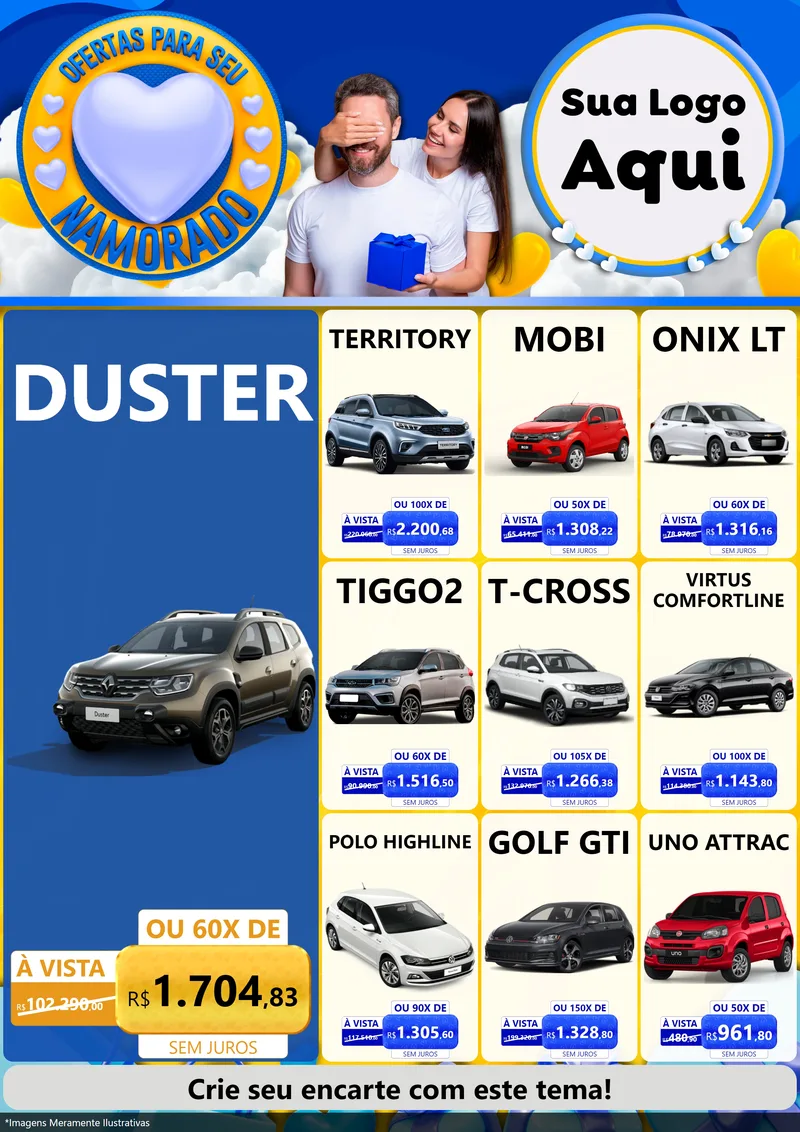 Modelo de Encarte para Encarte A4 Vertical com o tema Ofertas Para Seu Namorado para Concessionaria de Carros