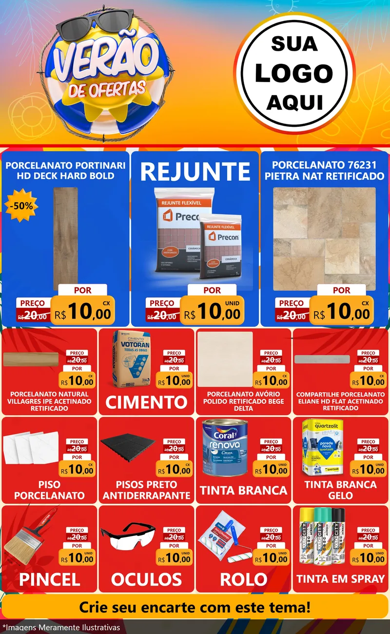Modelo de Encarte para Encarte Grande com o tema Verão de Ofertas para Pisos e revestimentos
