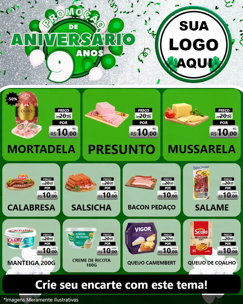 Modelo de Rede Social para Feed Instagram com o tema Promoção de Aniversário - 9 Anos para Frios e Laticínios