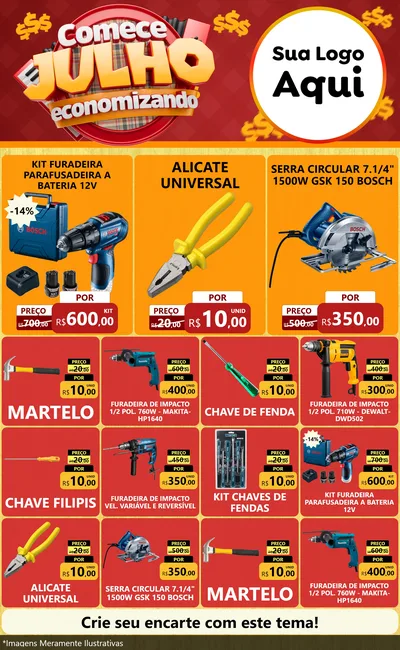 Modelo de Encarte para Encarte Grande com o tema Comece Julho Economizando para Maquinas e Ferramentas