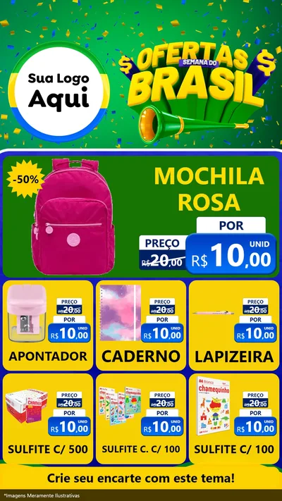 Modelo de Rede Social para Stories com o tema Ofertas Semana do Brasil para Papelaria