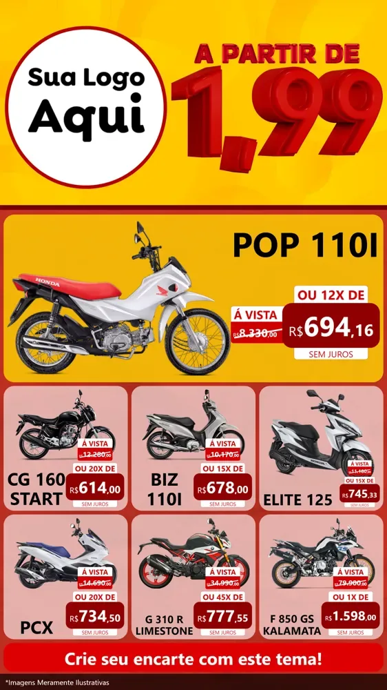 Modelo de Rede Social para Stories com o tema A Partir de Um e Noventa e Nove - 1,99 para Concessionaria de Motos